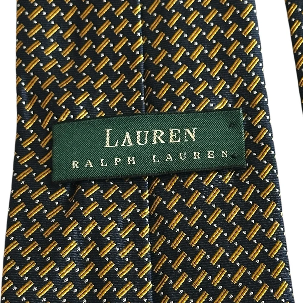 Lauren Ralph Lauren luxury 100% silk navy and gold patterned tie - Picture 8 of 11